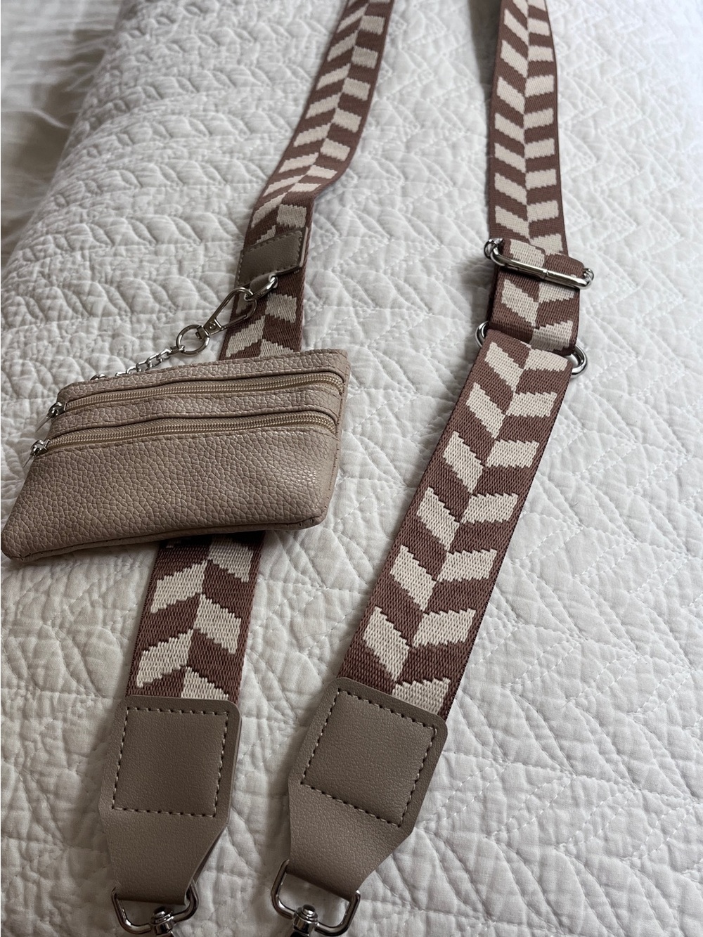 Taupe Chevron Webbing Crossbody Strap with Matching Pouch